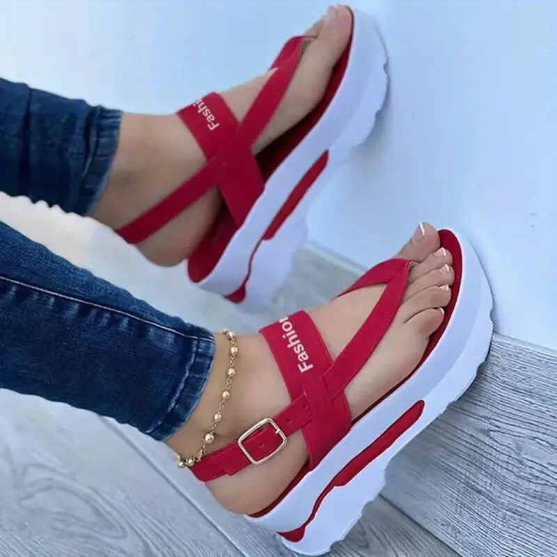 Sandálias femininas com plataforma, sapatos com tira e fivela de letras de cor sólida