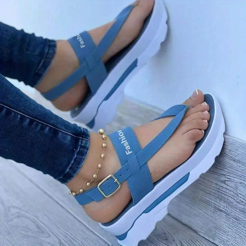 Sandálias femininas com plataforma, sapatos com tira e fivela de letras de cor sólida