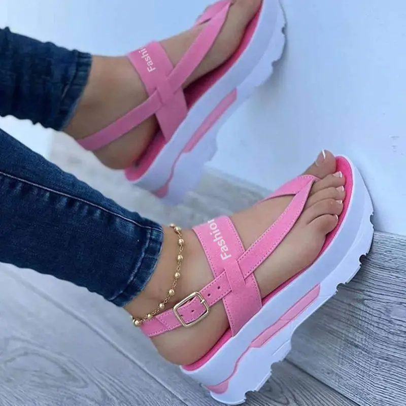 Sandálias femininas com plataforma, sapatos com tira e fivela de letras de cor sólida