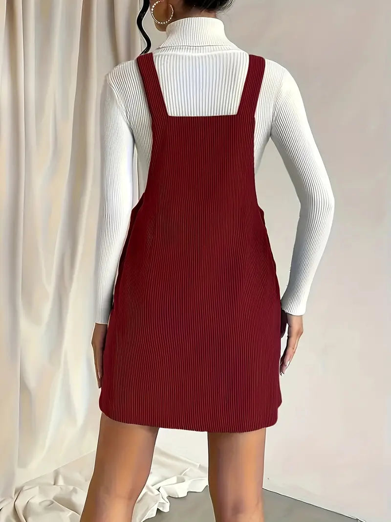 Vestido de avental com alça de fivela de cor sólida, mini vestido casual