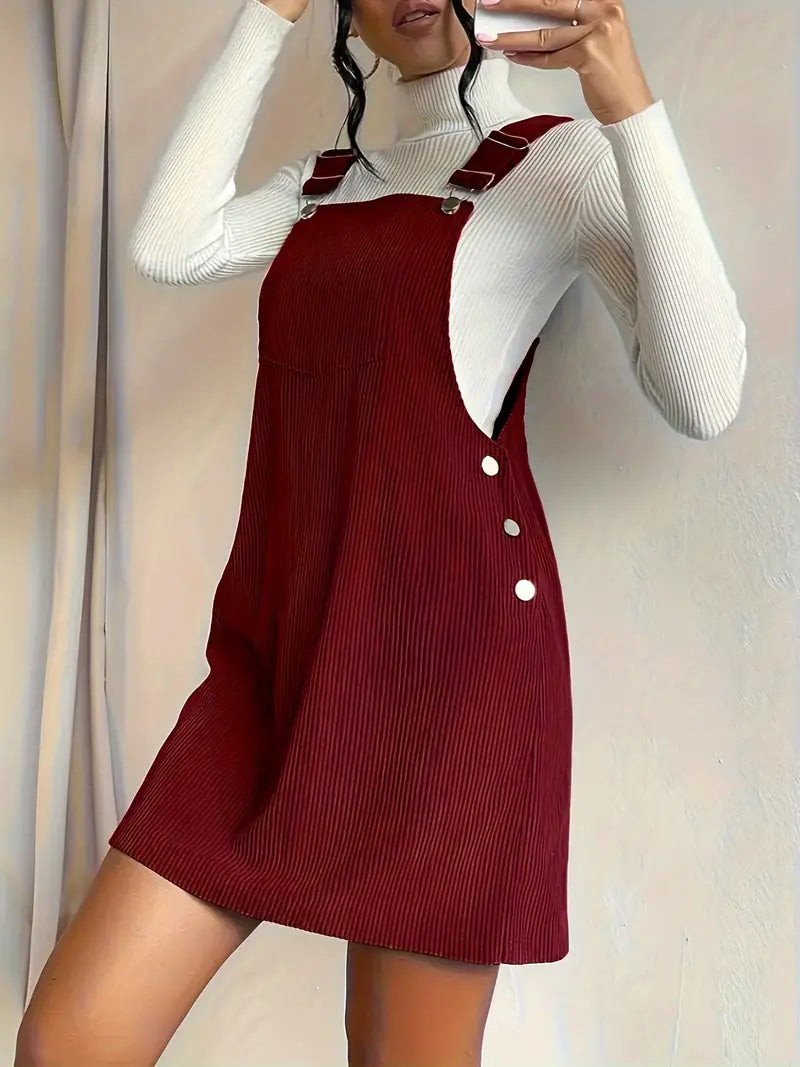 Vestido de avental com alça de fivela de cor sólida, mini vestido casual