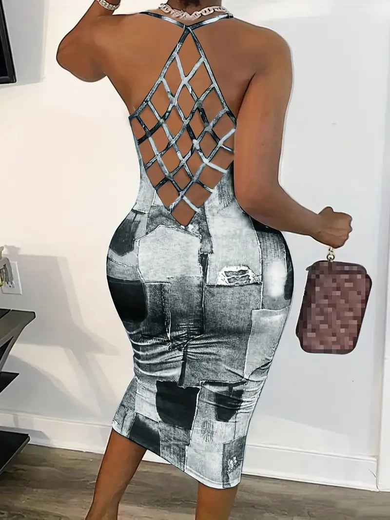 Vestido espaguete de retalhos, vestido lápis sexy sem mangas slim com estampa aleatória