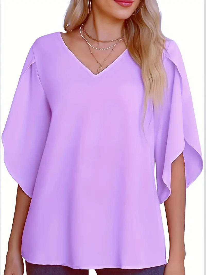 Blusa simples sólida com decote em V, blusa versátil de chiffon com manga pétala