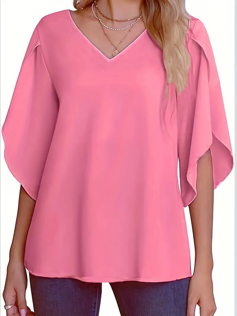 Blusa simples sólida com decote em V, blusa versátil de chiffon com manga pétala