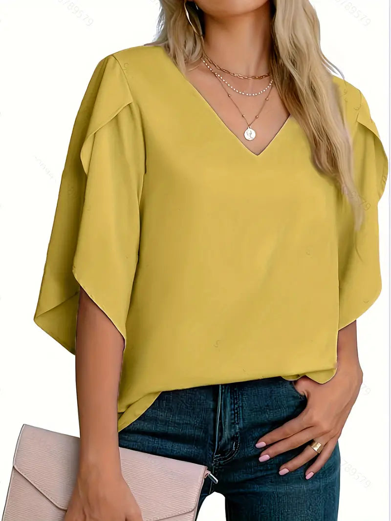 Blusa simples sólida com decote em V, blusa versátil de chiffon com manga pétala