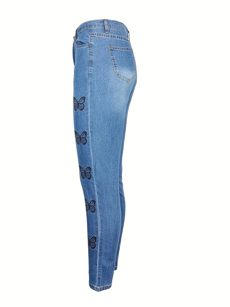 Jeans skinny casuais com estampa de borboleta, jeans justos justos e justos, jeans femininos