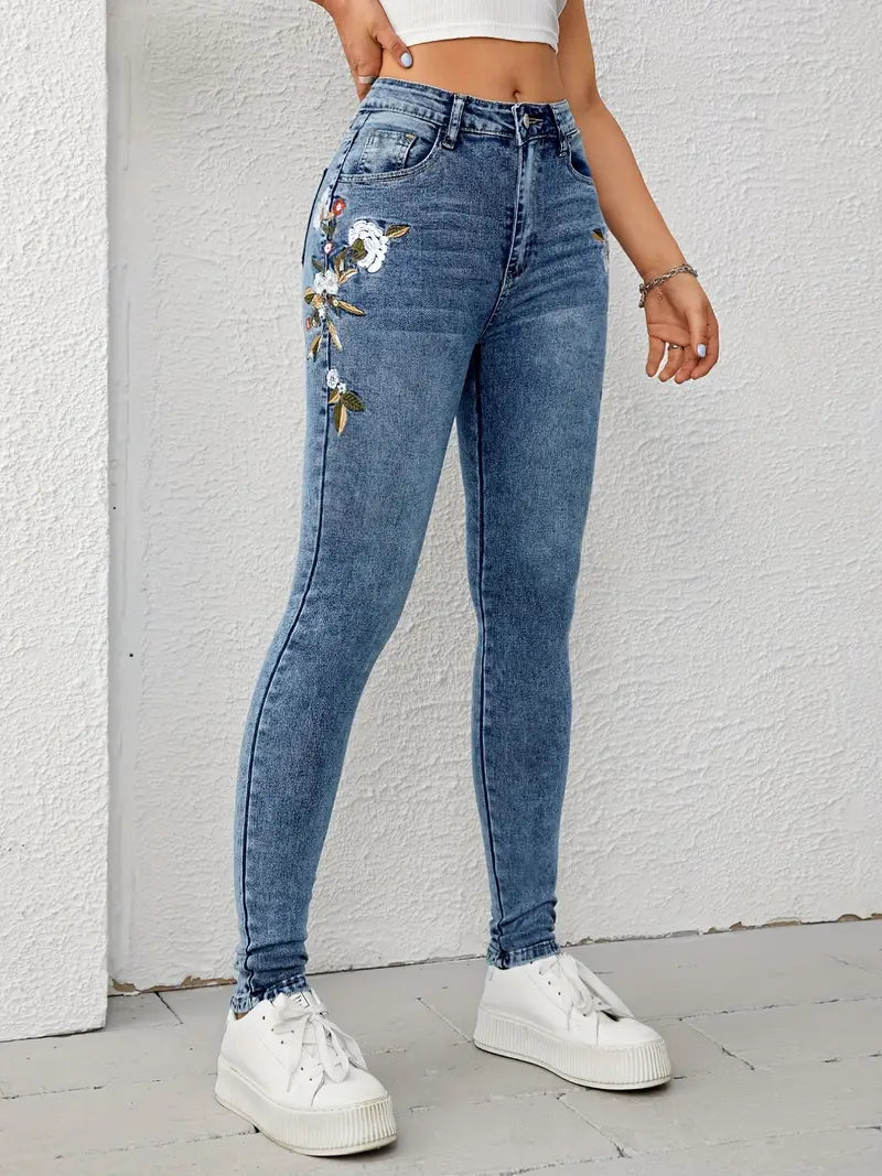 Jeans skinny bordados florais azuis, bolsos cortados justos, calças jeans de cintura alta