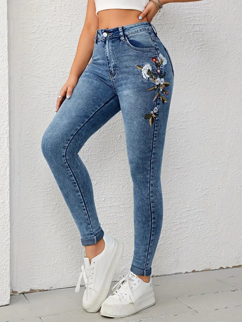 Jeans skinny bordados florais azuis, bolsos cortados justos, calças jeans de cintura alta