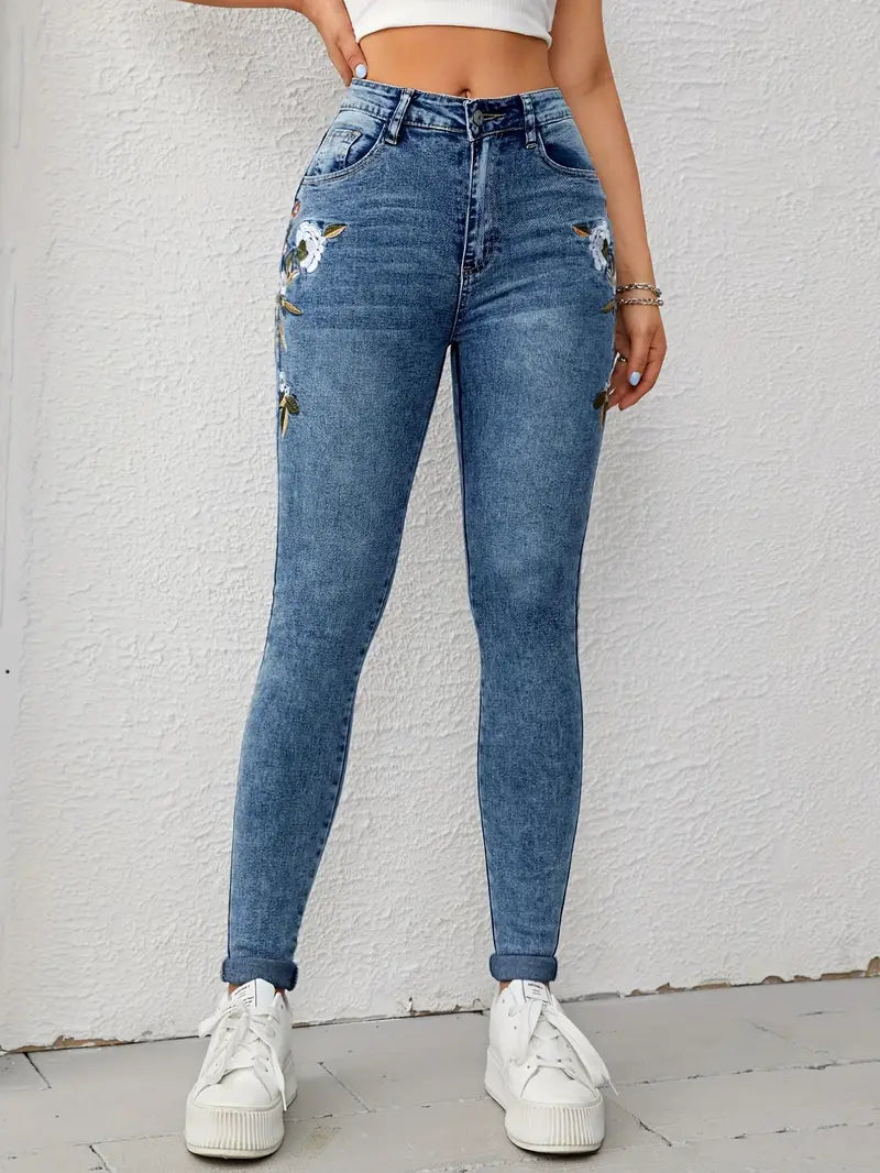 Jeans skinny bordados florais azuis, bolsos cortados justos, calças jeans de cintura alta