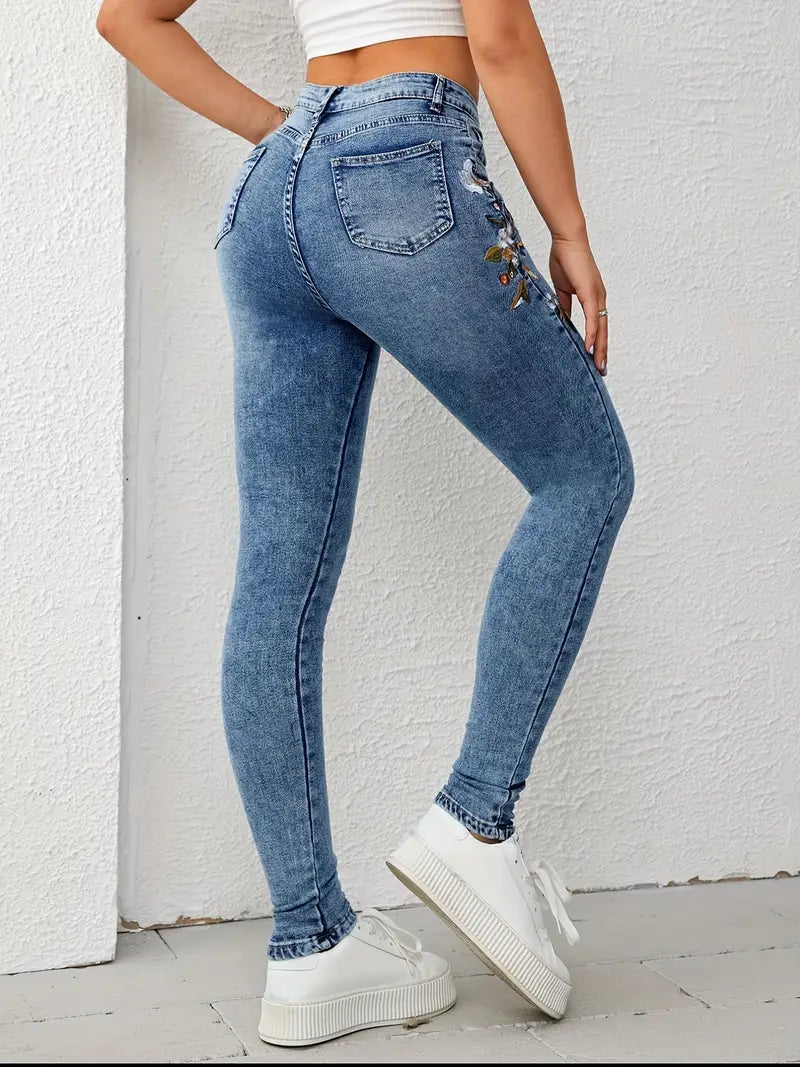 Jeans skinny bordados florais azuis, bolsos cortados justos, calças jeans de cintura alta