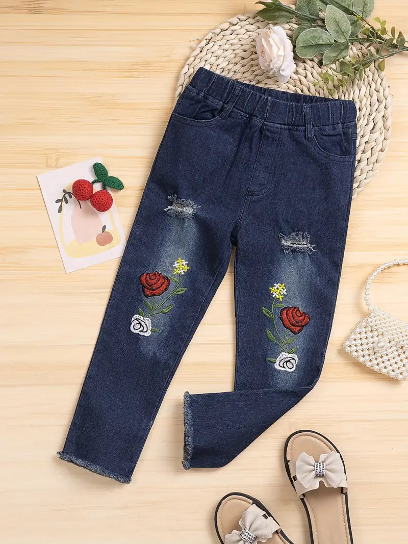 Calças jeans elásticas rasgadas com bordado floral para bebês e meninas