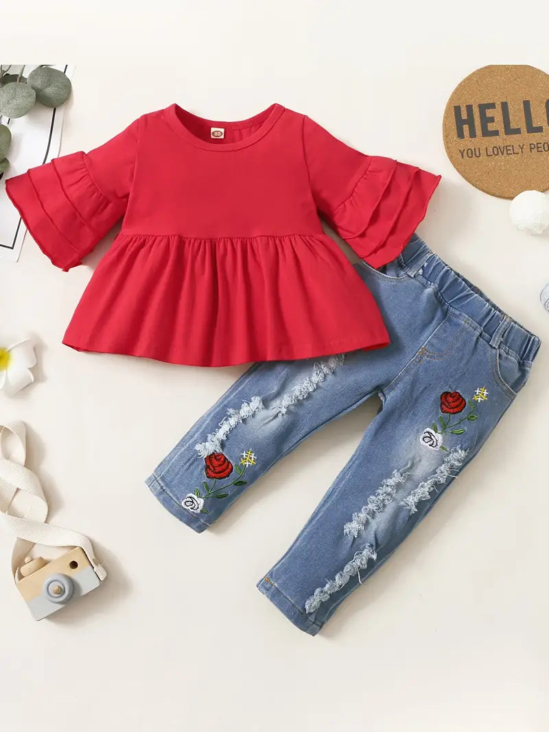 Calça jeans com bordado floral combinando com Blusa de manga comprida de algodão para meninas