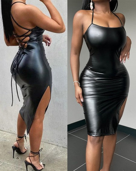 Vestido bodycon de couro PU com fenda sem costas