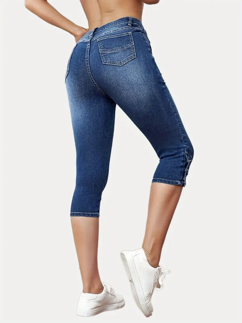 Calça Jeans Bermuda de Cintura Alta Skinny Azul Slim Fit, Bolsos Slash