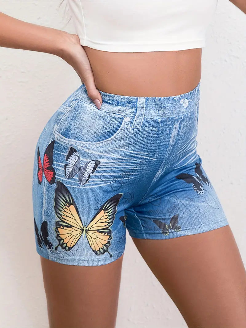 Shorts de cintura alta com estampa de borboleta