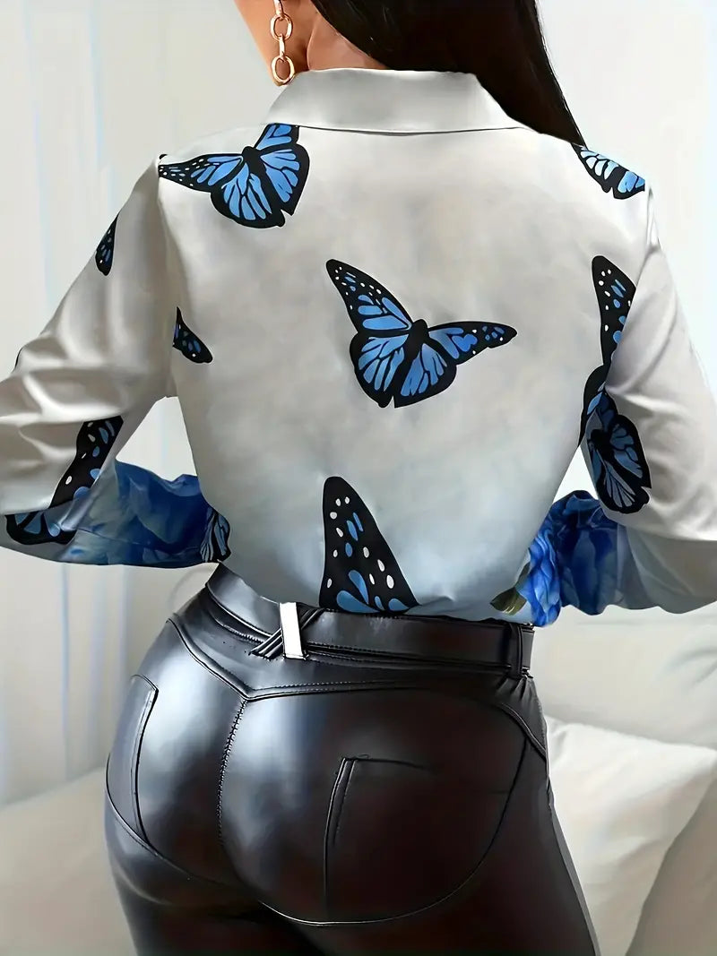 Camisa frontal com botão com estampa de borboleta, camisa elegante de manga comprida com lapela