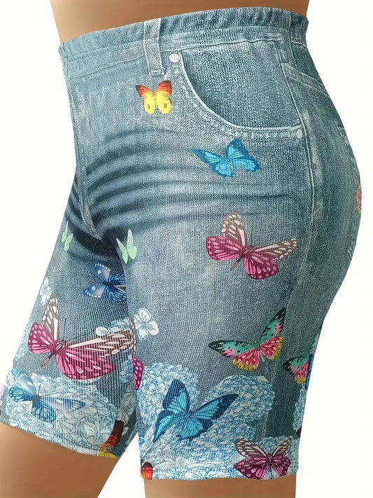 Shorts de cintura alta com estampa de borboleta