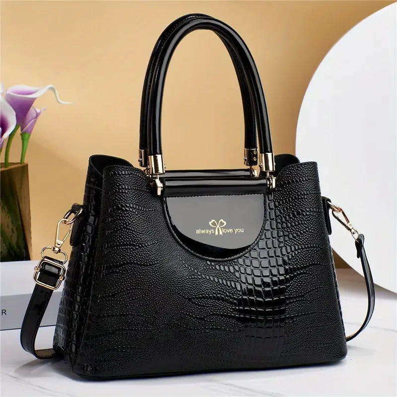 Bolsas em textura de crocodilo, bolsa crossbody de couro PU brilhante, bolsa moderna para escritório