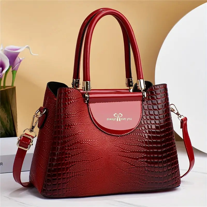 Bolsas em textura de crocodilo, bolsa crossbody de couro PU brilhante, bolsa moderna para escritório