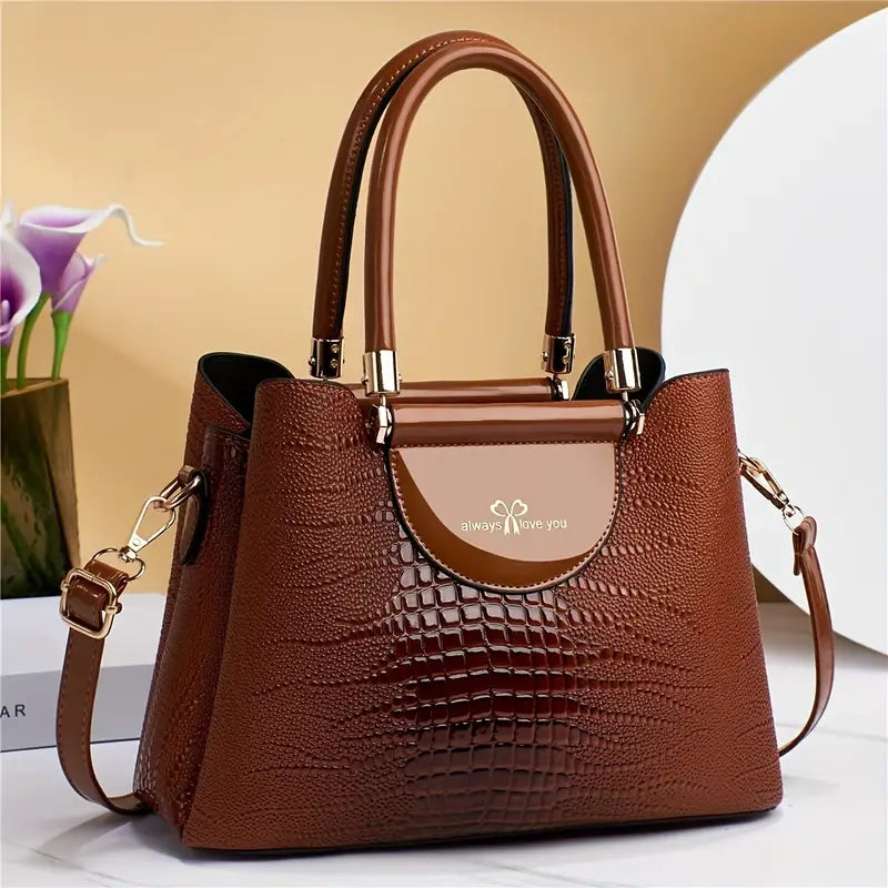 Bolsas em textura de crocodilo, bolsa crossbody de couro PU brilhante, bolsa moderna para escritório