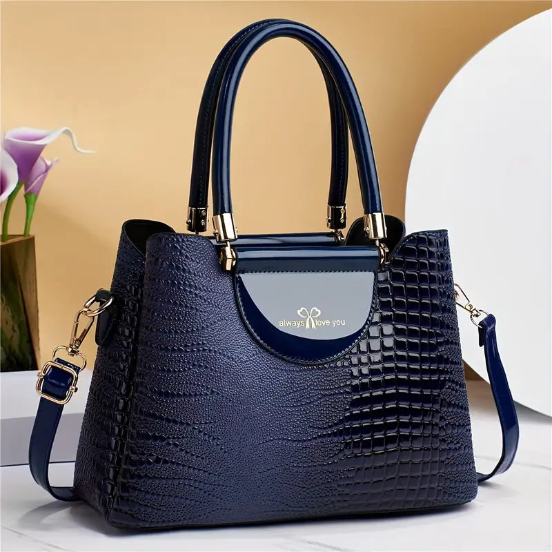 Bolsas em textura de crocodilo, bolsa crossbody de couro PU brilhante, bolsa moderna para escritório