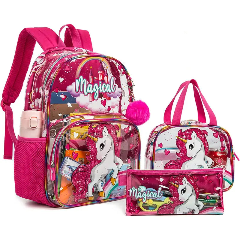 Mochila infantil de unicórnio transparente para meninos e meninas, bolsa escolar transparente com lancheira e estojo de lápis