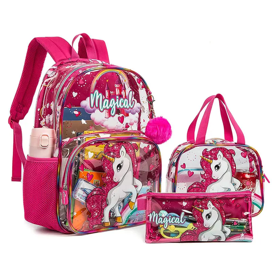 Mochila infantil de unicórnio transparente para meninos e meninas, bolsa escolar transparente com lancheira e estojo de lápis