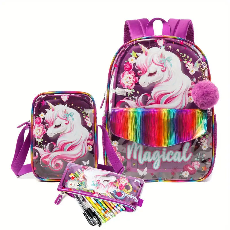 Mochila infantil de unicórnio transparente para meninos e meninas, bolsa escolar transparente com lancheira e estojo de lápis