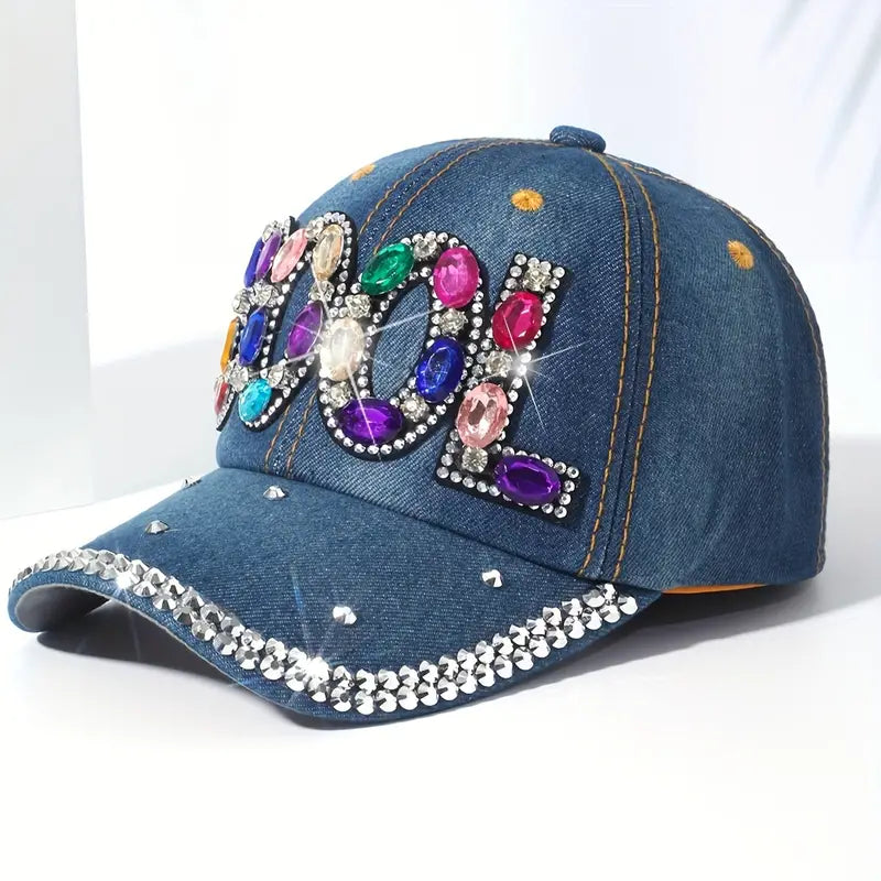 Chapeu azul jeans com decoração de strass COOL