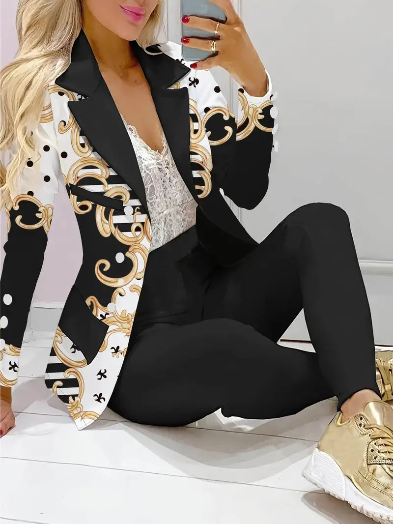 Blazer frontal com botão de lapela com estampa de corrente, blazer elegante de manga comprida para escritório e trabalho