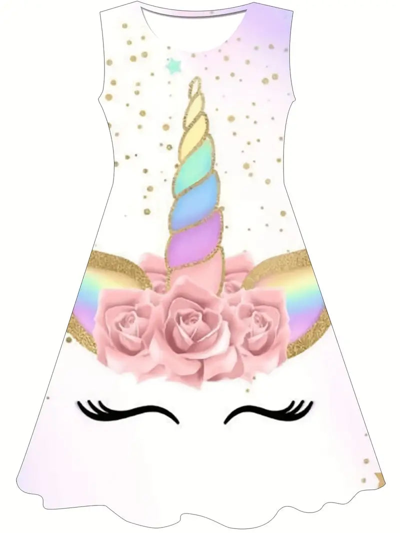 Vestido de princesa unicórnio para meninas – estampado em 3D, sem mangas,