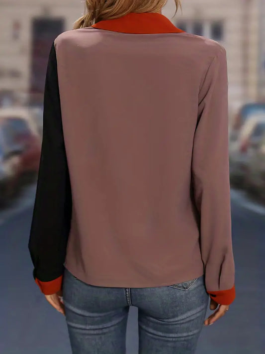 Blusa de gola colorida, blusa casual com decote em V manga comprida versátil