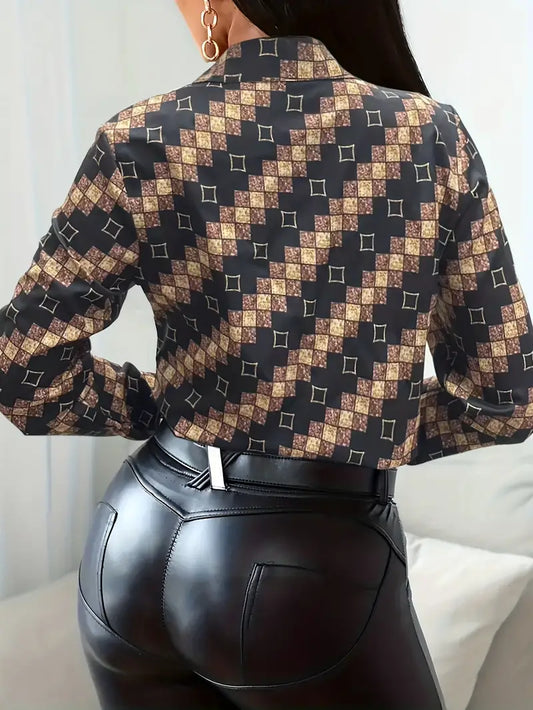 Camisa de botão com estampa de diamante colorblock, camisa casual de manga comprida