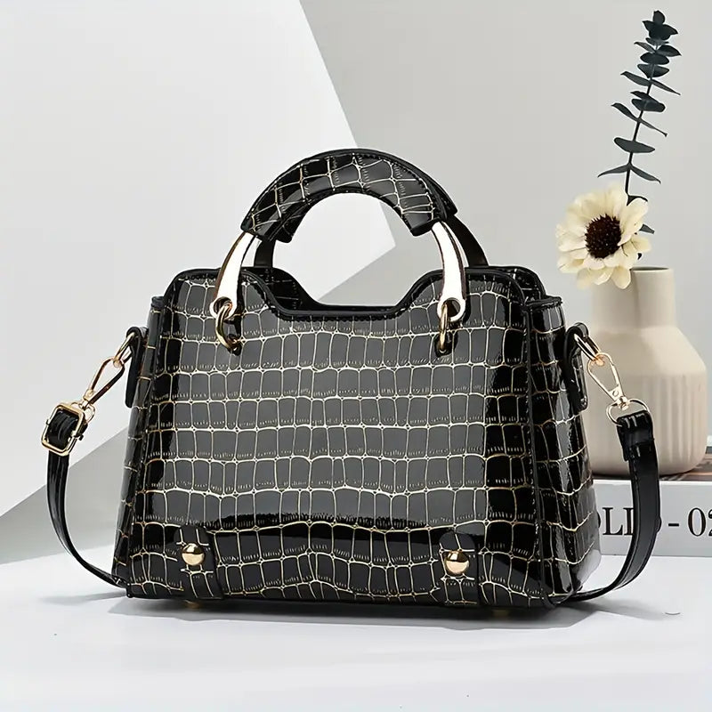 Bolsa pequena com padrão de crocodilo, elegante bolsa crossbody brilhante, bolsa feminina com alça superior