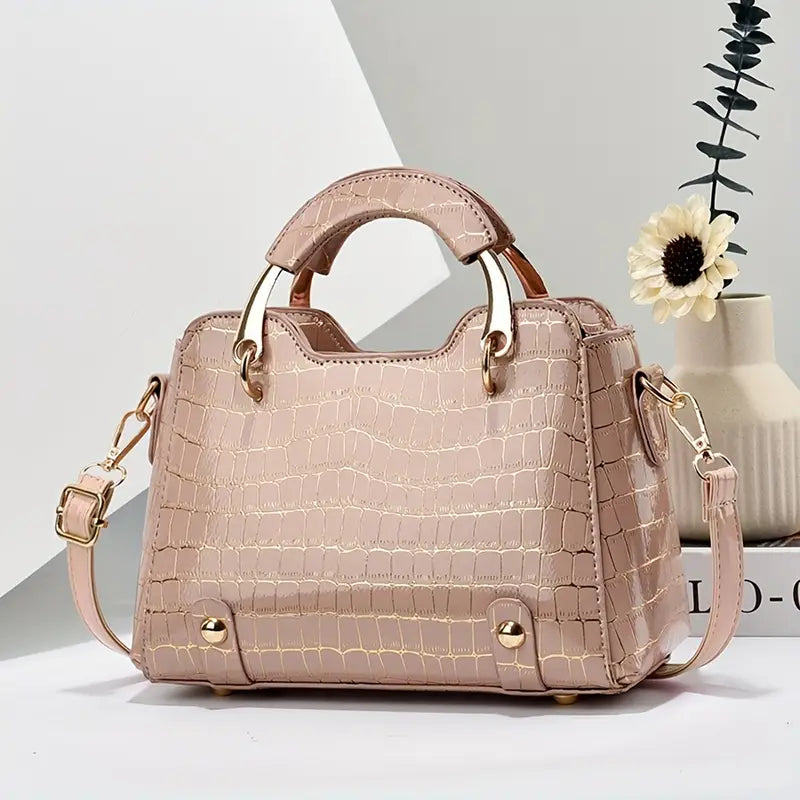 Bolsa pequena com padrão de crocodilo, elegante bolsa crossbody brilhante, bolsa feminina com alça superior