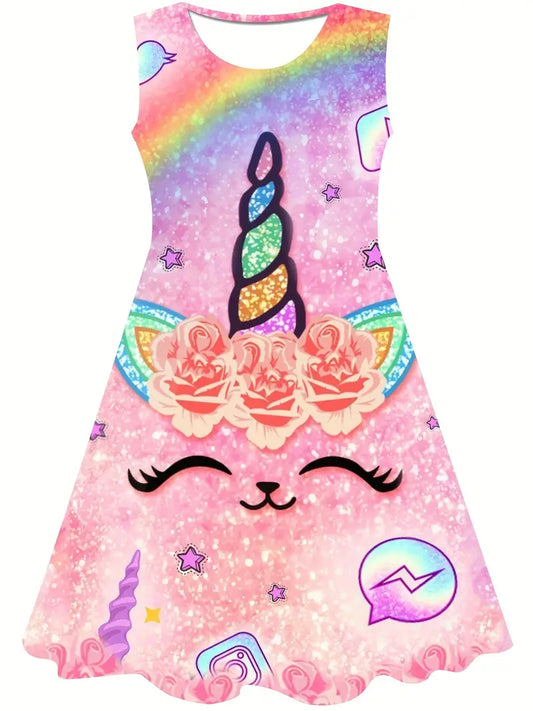 Vestido de princesa unicórnio para meninas – estampado em 3D, sem mangas,