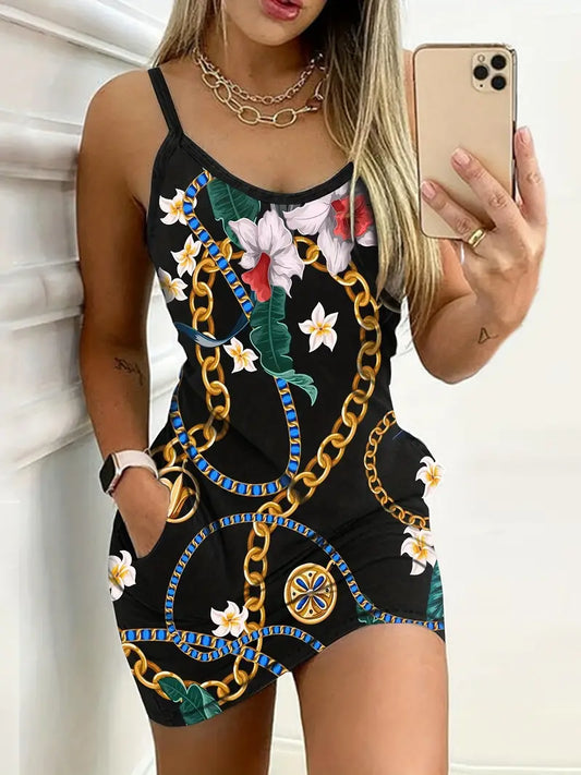 Vestido com estampa de âncora em bloco colorido, vestido casual fino espaguete sem mangas