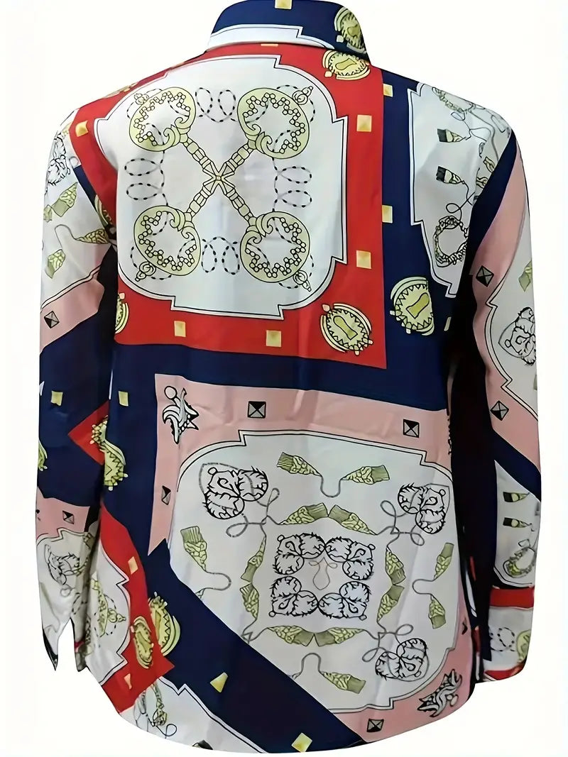 Camisa de botão com estampa floral e corrente, camisa casual de lapela de manga comprida