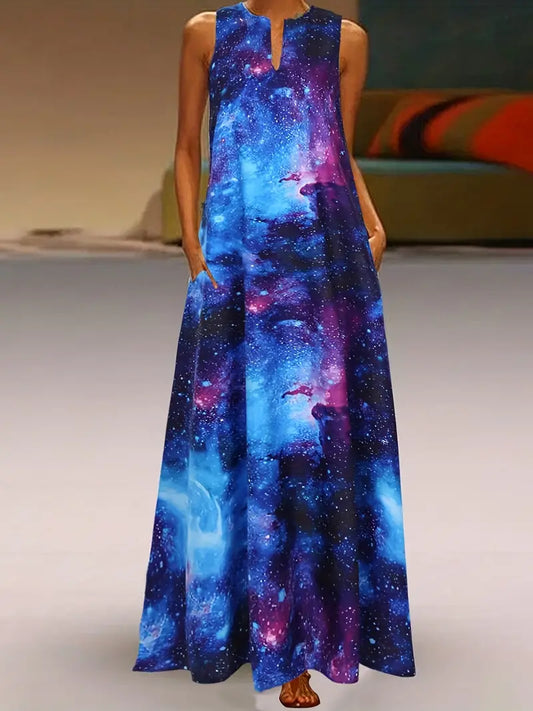 Vestido regata com estampa Galaxy com decote em V, vestido casual sem mangas para primavera e verão