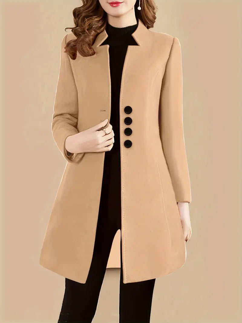 Elegant Women's Wool Blend Coat with Stand Collar, Button Details, Long Sleeve, Solid Color