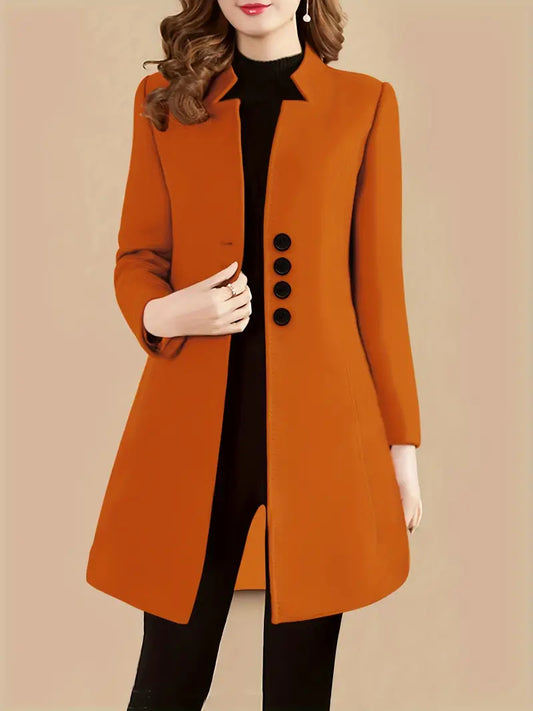 Elegant Women's Wool Blend Coat with Stand Collar, Button Details, Long Sleeve, Solid Color