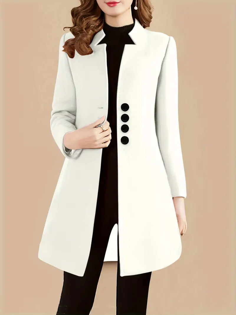 Elegant Women's Wool Blend Coat with Stand Collar, Button Details, Long Sleeve, Solid Color