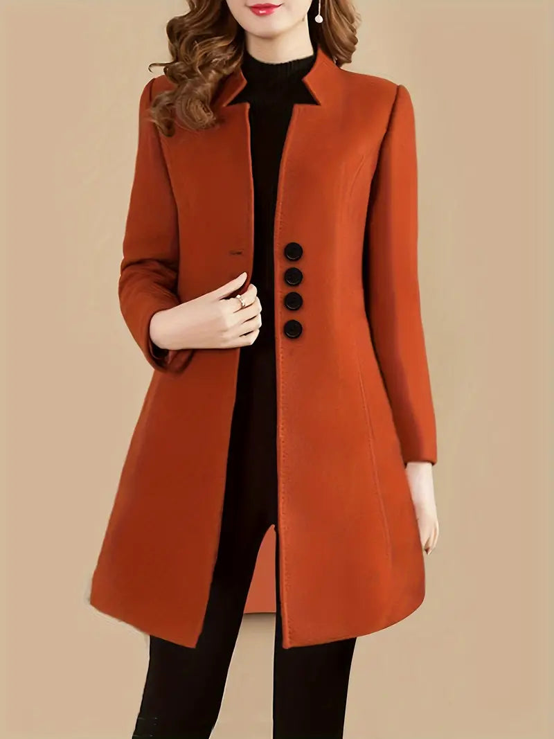 Elegant Women's Wool Blend Coat with Stand Collar, Button Details, Long Sleeve, Solid Color