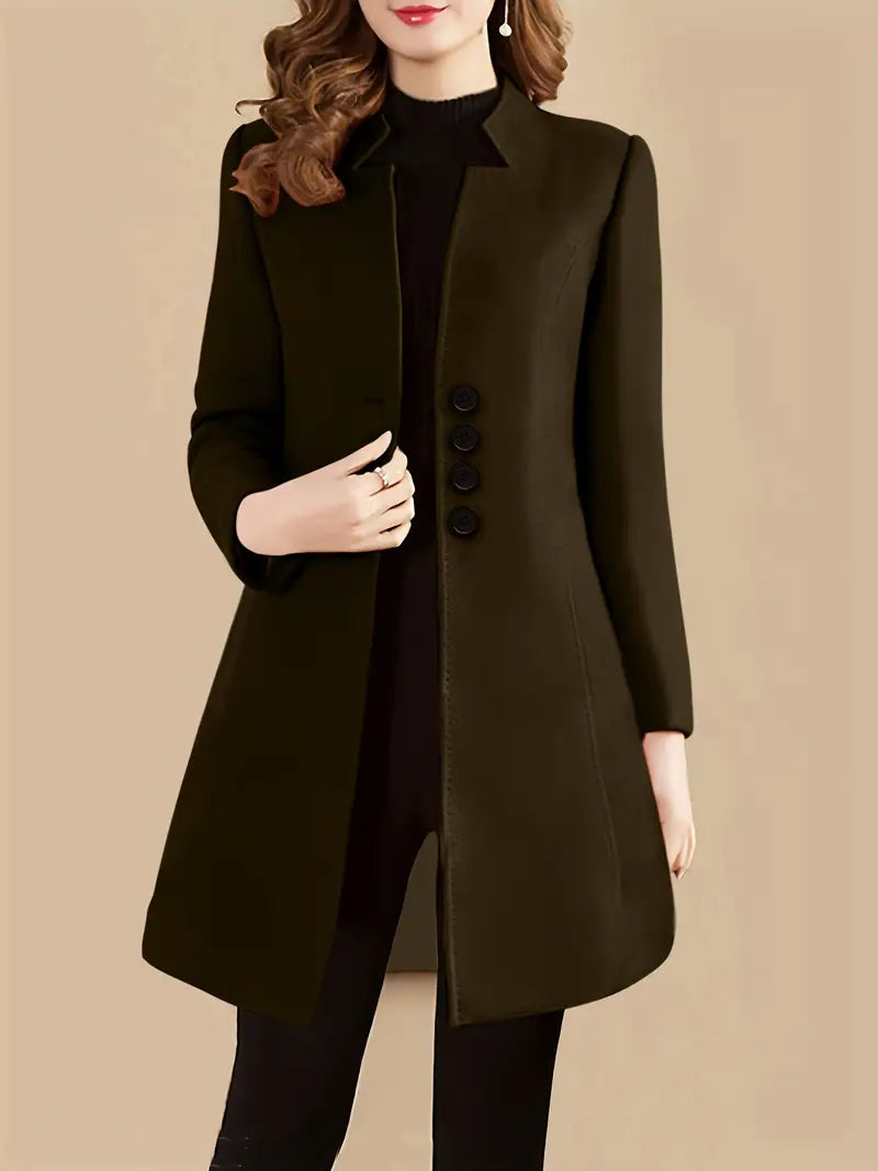 Elegant Women's Wool Blend Coat with Stand Collar, Button Details, Long Sleeve, Solid Color