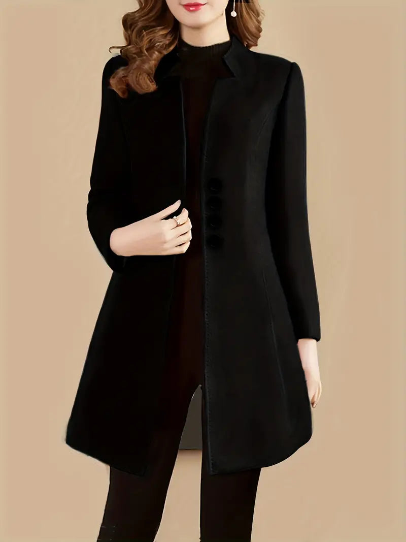 Elegant Women's Wool Blend Coat with Stand Collar, Button Details, Long Sleeve, Solid Color