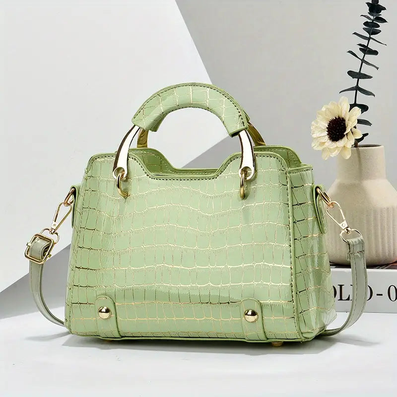 Bolsa pequena com padrão de crocodilo, elegante bolsa crossbody brilhante, bolsa feminina com alça superior