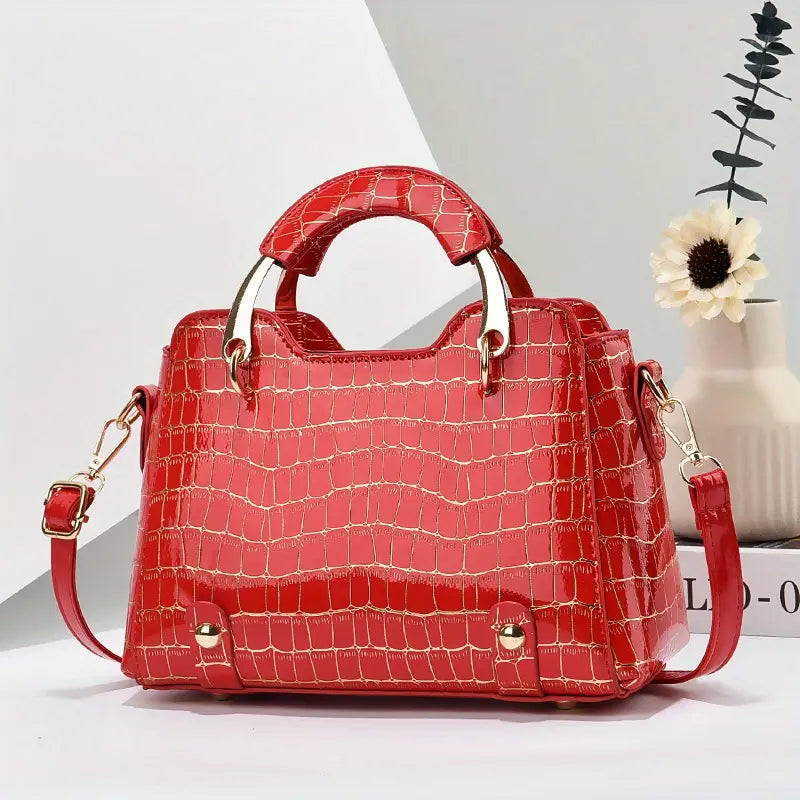 Bolsa pequena com padrão de crocodilo, elegante bolsa crossbody brilhante, bolsa feminina com alça superior