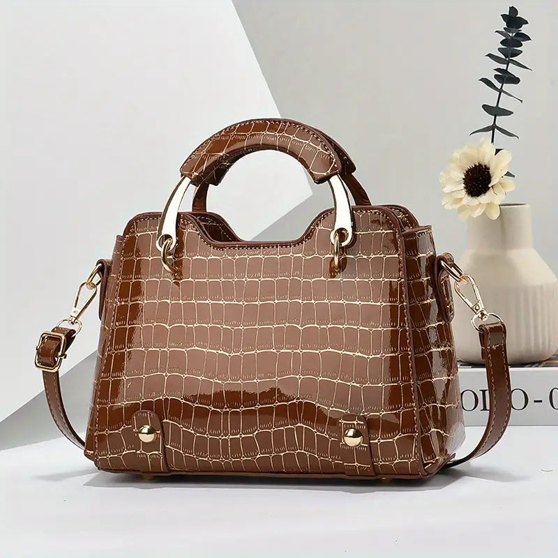 Bolsa pequena com padrão de crocodilo, elegante bolsa crossbody brilhante, bolsa feminina com alça superior