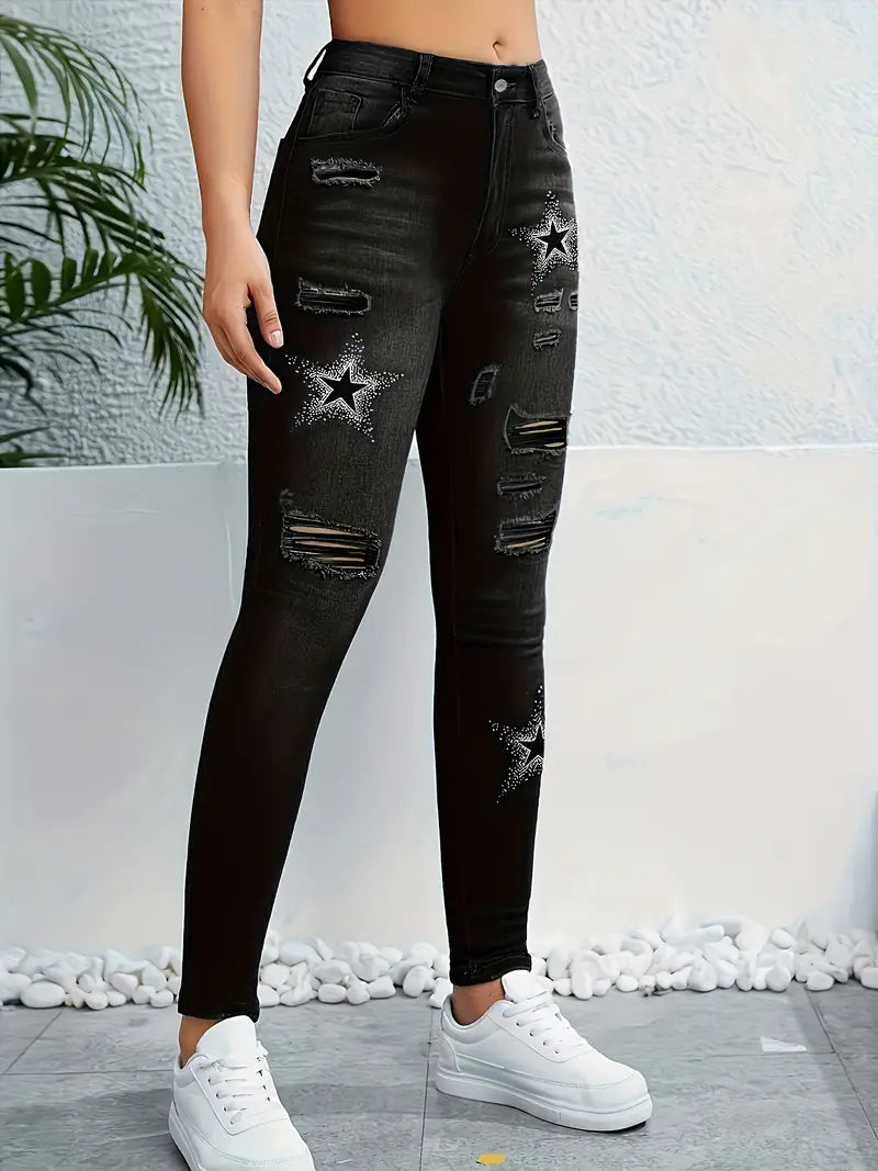 Jeans skinny com estampa de estrela preta, rasgados, ajuste fino, jeans apertados de alta elasticidade