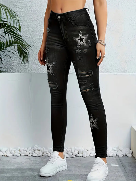 Jeans skinny com estampa de estrela preta, rasgados, ajuste fino, jeans apertados de alta elasticidade